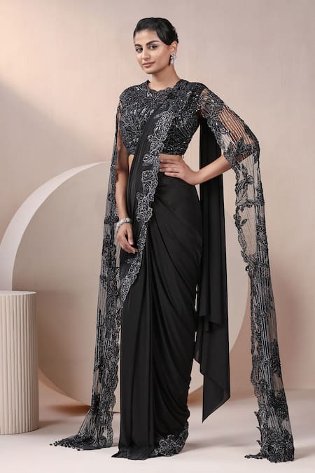 Buy_Chaashni By Maansi And Ketan_Black Net, Lycra Cut Work, Pearls, Floral Cutwork Border Pre-draped Saree _Online_at_Aza_Fashions