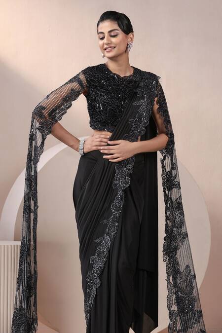 Shop_Chaashni By Maansi And Ketan_Black Net, Lycra Cut Work, Pearls, Floral Cutwork Border Pre-draped Saree _Online_at_Aza_Fashions