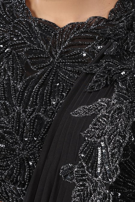 Chaashni By Maansi And Ketan_Black Net, Lycra Cut Work, Pearls, Floral Cutwork Border Pre-draped Saree _at_Aza_Fashions