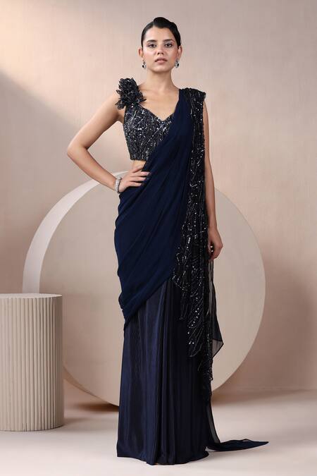 Chaashni By Maansi And Ketan Navy Net, Georgette, Crepe Cut Work, Embroidery Blue Pre-draped Saree Set Online at Aza Fashions Chaashni By Maansi And Ketan_Navy Net, Georgette, Crepe Cut Work, Embroidery Blue Pre-draped Saree Set_Online_at_Aza_Fashions