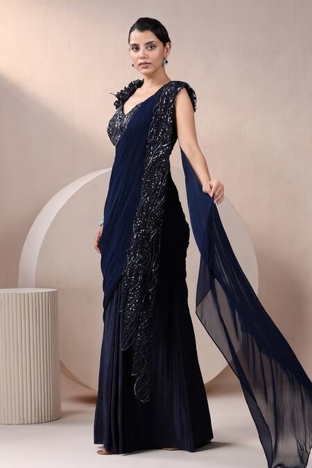 Buy_Chaashni By Maansi And Ketan_Navy Net, Georgette, Crepe Cut Work, Embroidery Blue Pre-draped Saree Set_Online_at_Aza_Fashions