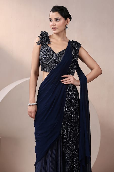 Chaashni By Maansi And Ketan_Navy Net, Georgette, Crepe Cut Work, Embroidery Blue Pre-draped Saree Set_at_Aza_Fashions