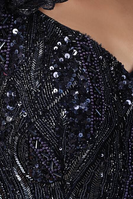 Buy_Chaashni By Maansi And Ketan_Navy Net, Georgette, Crepe Cut Work, Embroidery Blue Pre-draped Saree Set