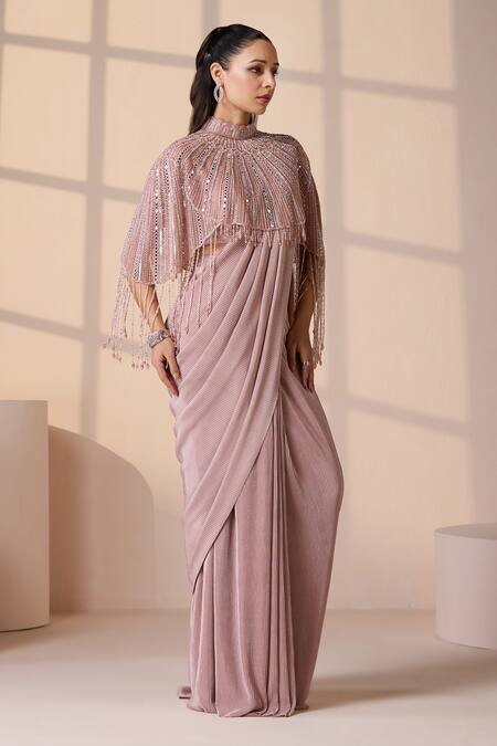 Chaashni By Maansi And Ketan Pink Net, Lycra Crystals, Cut Work, Embroidered Cape Textured Pre-draped Saree Online at Aza Fashions Chaashni By Maansi And Ketan_Pink Net, Lycra Crystals, Cut Work, Embroidered Cape Textured Pre-draped Saree_Online_at_Aza_Fashions