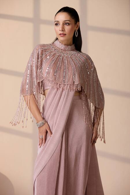 Buy Chaashni By Maansi And Ketan Pink Net, Lycra Crystals, Cut Work, Embroidered Cape Textured Pre-draped Saree Online at Aza Fashions Buy_Chaashni By Maansi And Ketan_Pink Net, Lycra Crystals, Cut Work, Embroidered Cape Textured Pre-draped Saree_Online_at_Aza_Fashions
