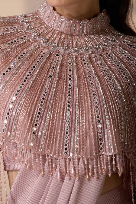 Chaashni By Maansi And Ketan Pink Net, Lycra Crystals, Cut Work, Embroidered Cape Textured Pre-draped Saree at Aza Fashions Chaashni By Maansi And Ketan_Pink Net, Lycra Crystals, Cut Work, Embroidered Cape Textured Pre-draped Saree_at_Aza_Fashions