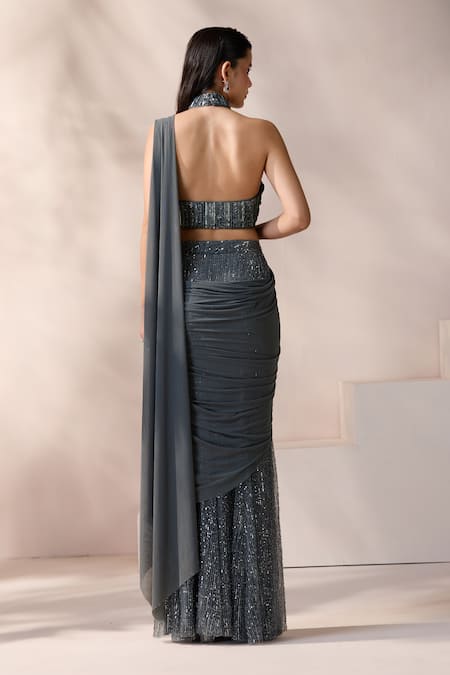 Chaashni By Maansi And Ketan Embroidered Grey Pre-Draped Saree Set 