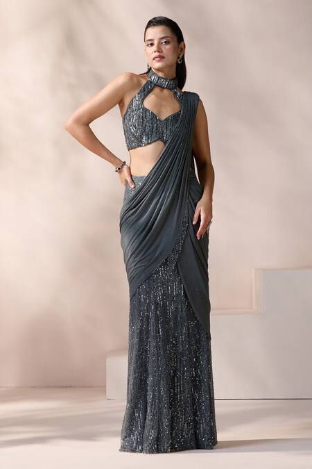 Chaashni By Maansi And Ketan_Gray Net, Lycra Cut Work, Sequins, Stones, Embroidered Grey Pre-draped Saree Set _Online_at_Aza_Fashions