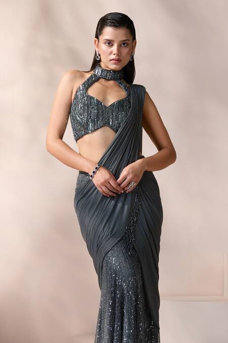 Shop_Chaashni By Maansi And Ketan_Gray Net, Lycra Cut Work, Sequins, Stones, Embroidered Grey Pre-draped Saree Set _Online_at_Aza_Fashions
