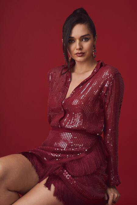 Label Frow_Purple Sequins Viscose Embellished Plum Skirt _Online_at_Aza_Fashions