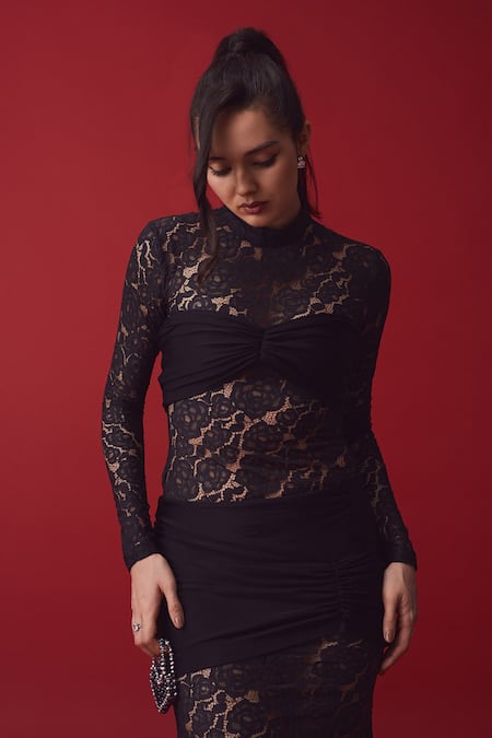 Label Frow_Black Lace, Lycra Lace, Embroidery Collared, High Neck Floral Gown_Online_at_Aza_Fashions