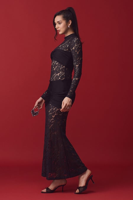 Buy_Label Frow_Black Lace, Lycra Lace, Embroidery Collared, High Neck Floral Gown_Online_at_Aza_Fashions