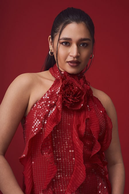 Buy_Label Frow_Red Viscose Sequins, Applique Halter Neck Mini Dress_Online_at_Aza_Fashions