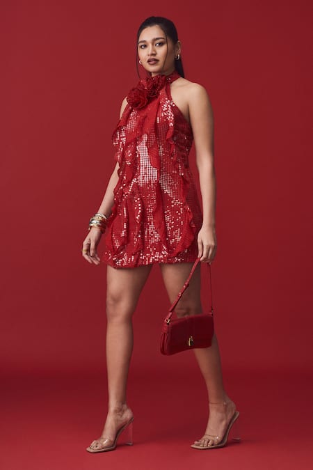 Label Frow_Red Viscose Sequins, Applique Halter Neck Mini Dress_at_Aza_Fashions