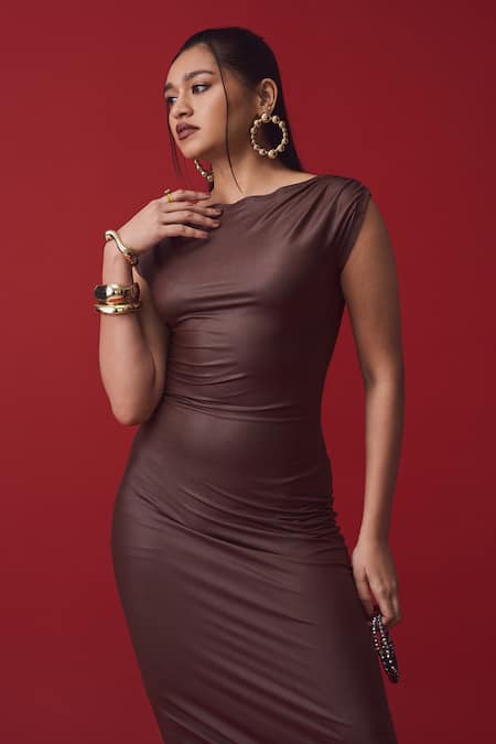 Label Frow_Brown Lycra Boat Neck Fitted Midi Dress_Online_at_Aza_Fashions