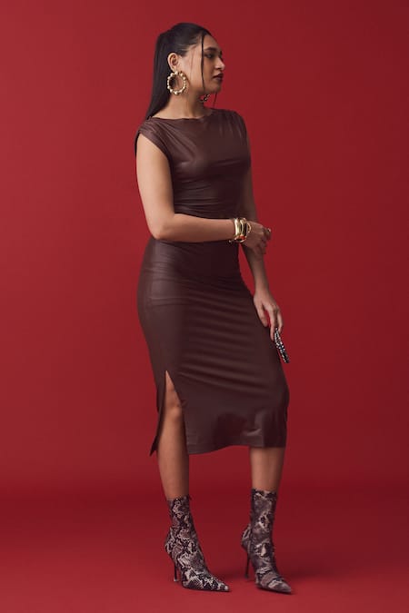 Buy_Label Frow_Brown Lycra Boat Neck Fitted Midi Dress_Online_at_Aza_Fashions