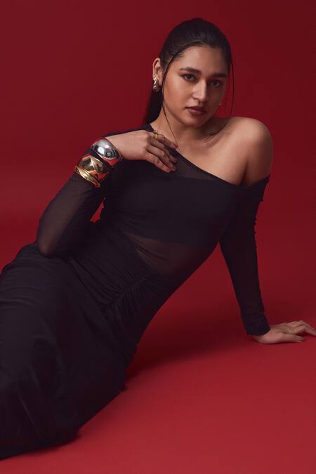 Shop_Label Frow_Black Matte Lycra Plain Asymmetric Neck Ruched Gown _Online_at_Aza_Fashions
