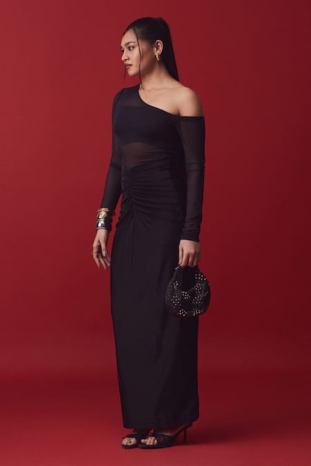 Label Frow_Black Matte Lycra Plain Asymmetric Neck Ruched Gown _at_Aza_Fashions