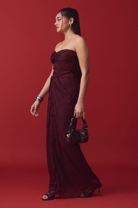 Buy_Label Frow_Maroon Lycra, Sweetheart Neck Floral Strapless Gown_Online_at_Aza_Fashions