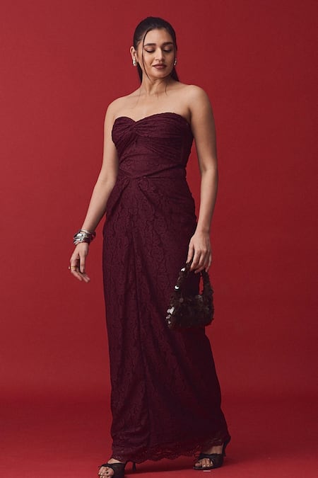 Label Frow_Maroon Lycra, Sweetheart Neck Floral Strapless Gown_at_Aza_Fashions