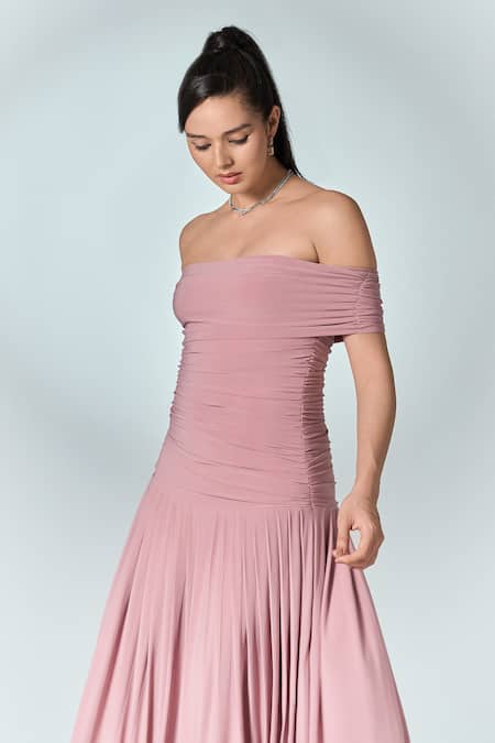Buy_Label Frow_Pink Lycra Off-shoulder Off Pleated Gown_Online_at_Aza_Fashions