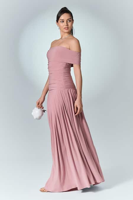 Label Frow_Pink Lycra Off-shoulder Off Pleated Gown_at_Aza_Fashions
