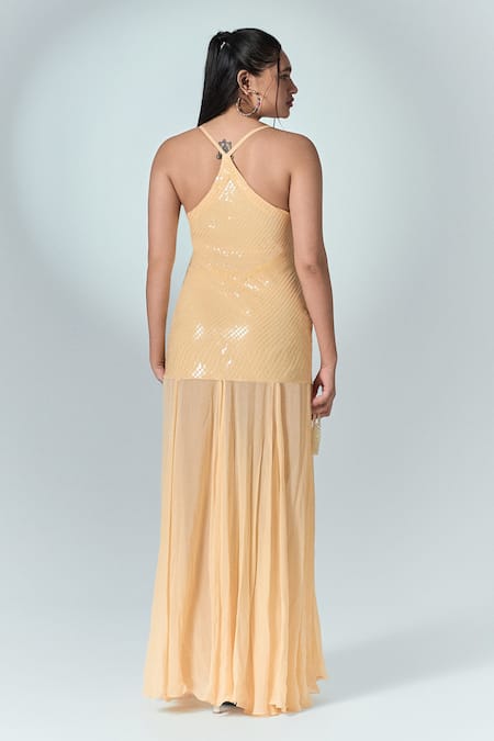 Label Frow_Yellow Sequins Viscose Embellished Scoop Neck Gown _Online_at_Aza_Fashions