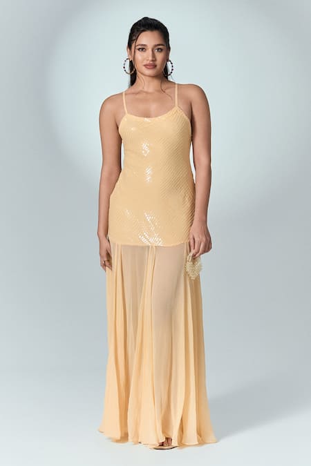 Buy_Label Frow_Yellow Sequins Viscose Embellished Scoop Neck Gown _Online_at_Aza_Fashions