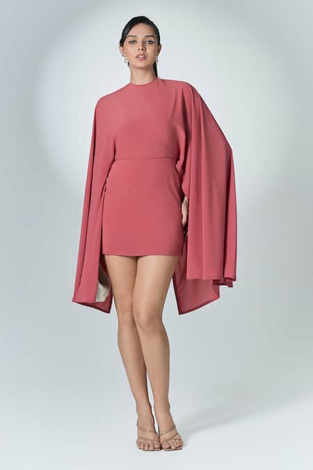 Label Frow_Pink Crepe Round Neck Cape Sleeve Mini Dress_Online_at_Aza_Fashions