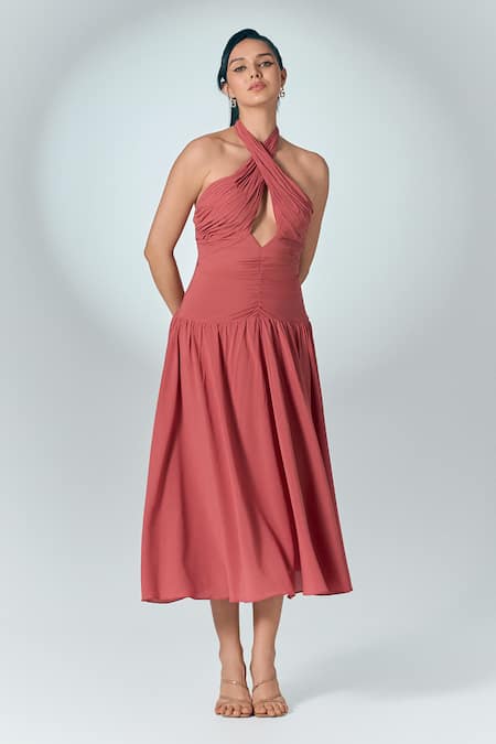 Label Frow_Pink Crepe Halter Neck Plum Criss-cross Midi Dress_Online_at_Aza_Fashions