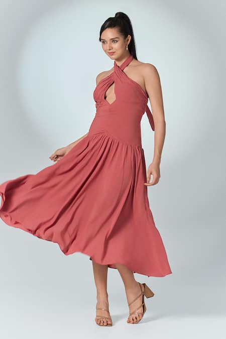 Buy_Label Frow_Pink Crepe Halter Neck Plum Criss-cross Midi Dress_Online_at_Aza_Fashions