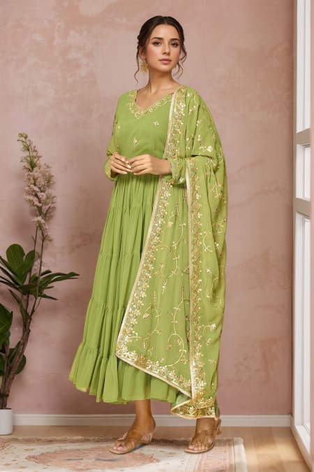 Samyukta Singhania Green Faux Georgette Lining Cotton Bloom Tiered Anarkali With Dupatta 