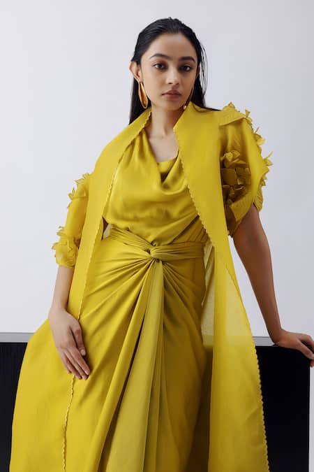 Richa Khemka_Green Modal, Satin Cowl Neck Vaina Cape With Sarong Dress _Online_at_Aza_Fashions