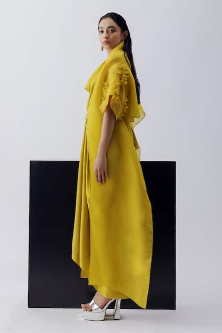 Buy_Richa Khemka_Green Modal, Satin Cowl Neck Vaina Cape With Sarong Dress _Online_at_Aza_Fashions