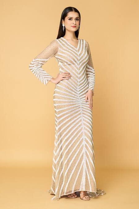 Buy_Samyukta Singhania_Beige Tulle, Polyester Cut Work, Sequins, Beads Cloud Chaser Embroidered Gown