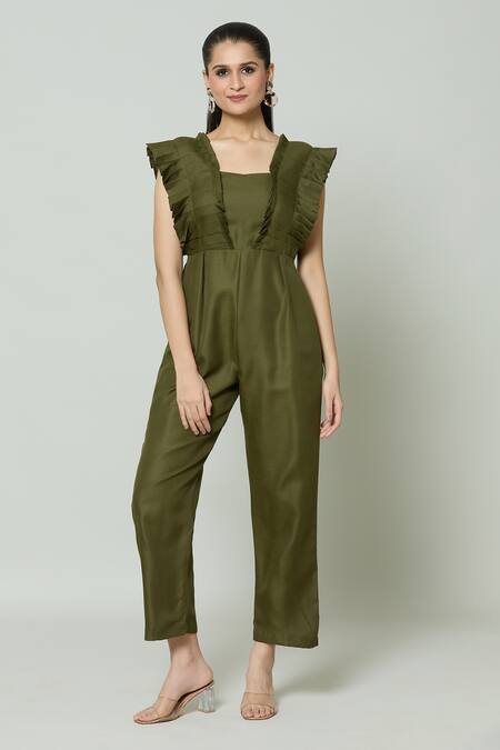 Buy Naintara Bajaj Green Cotton Square Neck Palm Spring Pleat Detailed Jumpsuit Buy_Naintara Bajaj_Green Cotton Square Neck Palm Spring Pleat Detailed Jumpsuit
