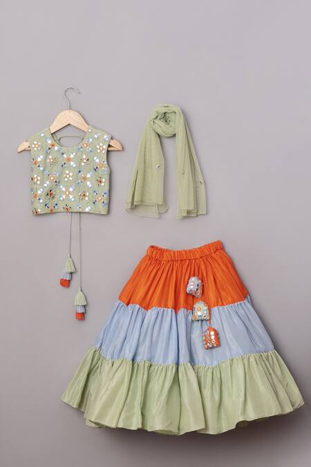 Shop Turqidz By Shweta Aggarwal Green Silk, Net, Linen Tassels, Embroidery Mirror Blouse Lehenga Set Online at Aza Fashions Shop_Turqidz By Shweta Aggarwal_Green Silk, Net, Linen Tassels, Embroidery Mirror Blouse Lehenga Set _Online_at_Aza_Fashions