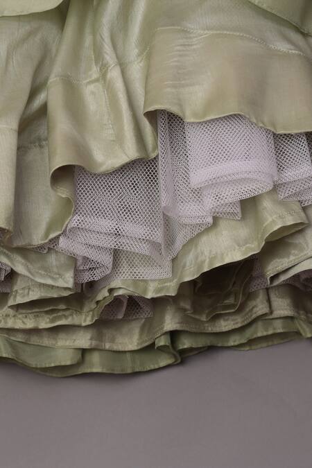 Shop_Turqidz By Shweta Aggarwal_Green Silk, Net, Linen Tassels, Embroidery Mirror Blouse Lehenga Set 