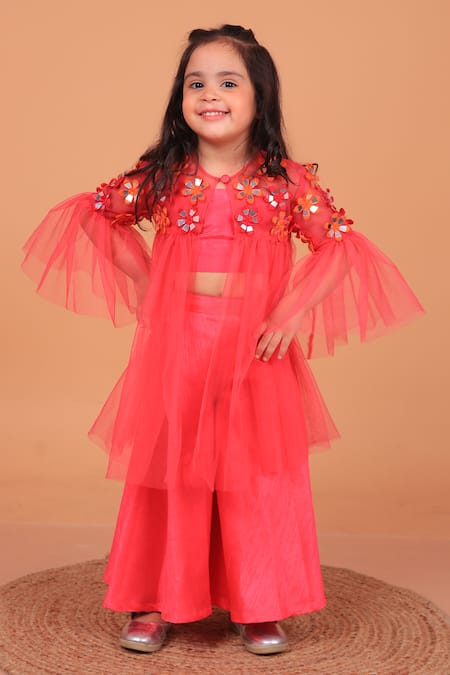 Turqidz By Shweta Aggarwal_Pink Net, Silk Embroidery Floral Applique Cape Palazzo Set _Online_at_Aza_Fashions