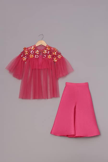 Buy_Turqidz By Shweta Aggarwal_Pink Net, Silk Embroidery Floral Applique Cape Palazzo Set _Online_at_Aza_Fashions