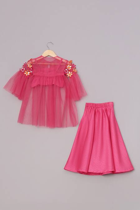 Shop_Turqidz By Shweta Aggarwal_Pink Net, Silk Embroidery Floral Applique Cape Palazzo Set _Online_at_Aza_Fashions