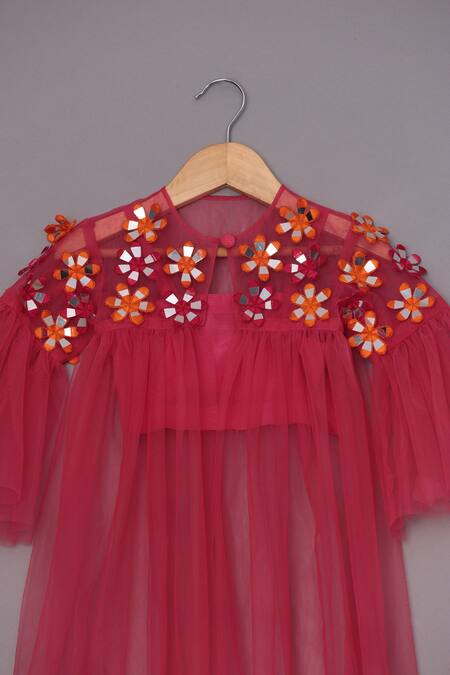 Turqidz By Shweta Aggarwal_Pink Net, Silk Embroidery Floral Applique Cape Palazzo Set _at_Aza_Fashions