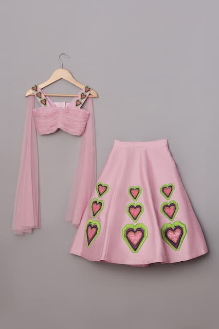 Buy_Turqidz By Shweta Aggarwal_Pink Net, Denim, Silk Applique, Sequins Embroidered Bustier And Lehenga Set _Online_at_Aza_Fashions