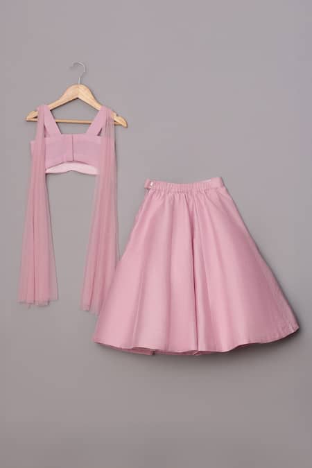 Shop_Turqidz By Shweta Aggarwal_Pink Net, Denim, Silk Applique, Sequins Embroidered Bustier And Lehenga Set _Online_at_Aza_Fashions