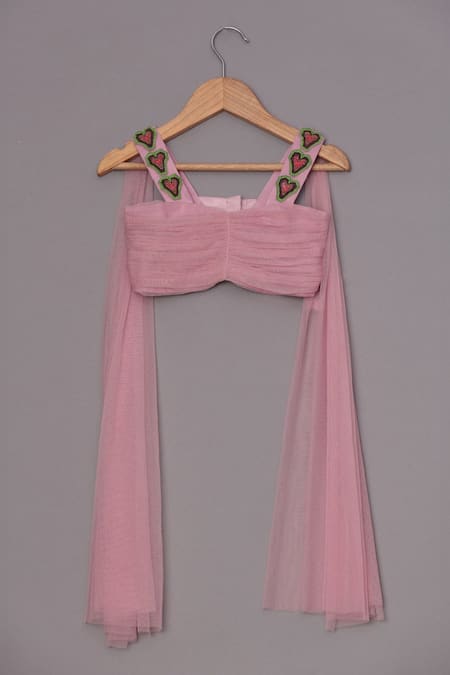 Buy_Turqidz By Shweta Aggarwal_Pink Net, Denim, Silk Applique, Sequins Embroidered Bustier And Lehenga Set 