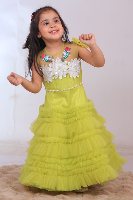 Turqidz By Shweta Aggarwal_Yellow Net Pearls, Sequins Applique Embroidered Yoke Tiered Dress _Online_at_Aza_Fashions