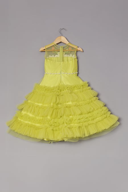 Shop_Turqidz By Shweta Aggarwal_Yellow Net Pearls, Sequins Applique Embroidered Yoke Tiered Dress _Online_at_Aza_Fashions