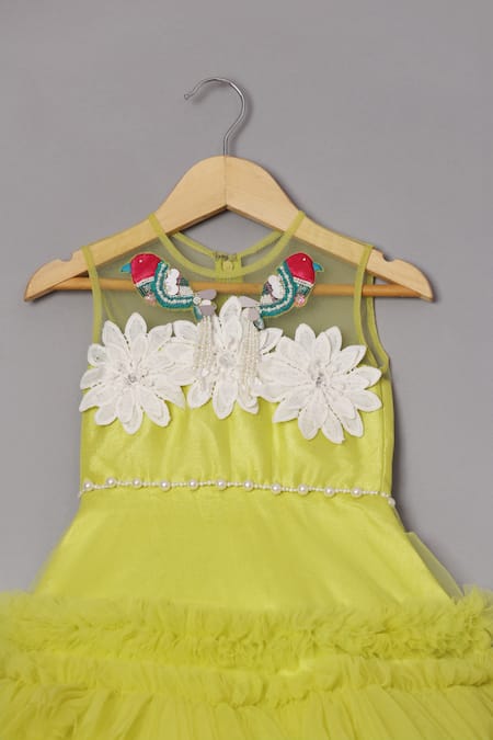 Turqidz By Shweta Aggarwal_Yellow Net Pearls, Sequins Applique Embroidered Yoke Tiered Dress _at_Aza_Fashions