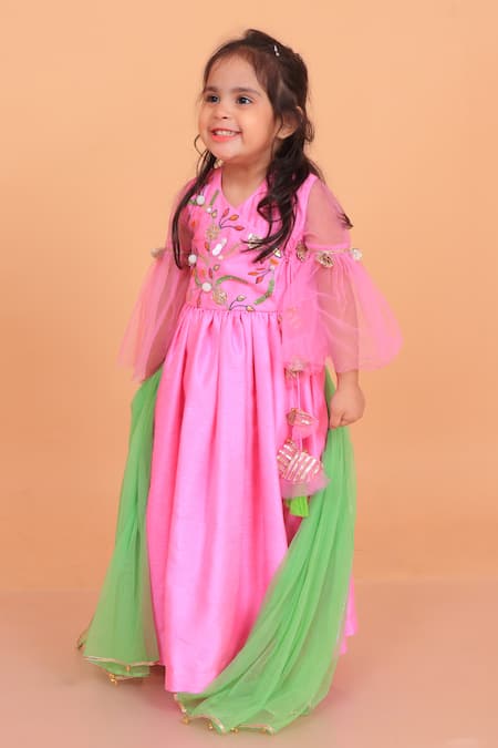 Buy_Turqidz By Shweta Aggarwal_Pink Net, Denim, Crepe Tassels Embroidered Angarkha Anarkali With Dupatta _Online_at_Aza_Fashions