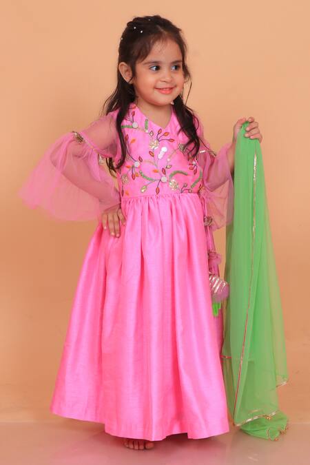 Turqidz By Shweta Aggarwal_Pink Net, Denim, Crepe Tassels Embroidered Angarkha Anarkali With Dupatta _Online_at_Aza_Fashions